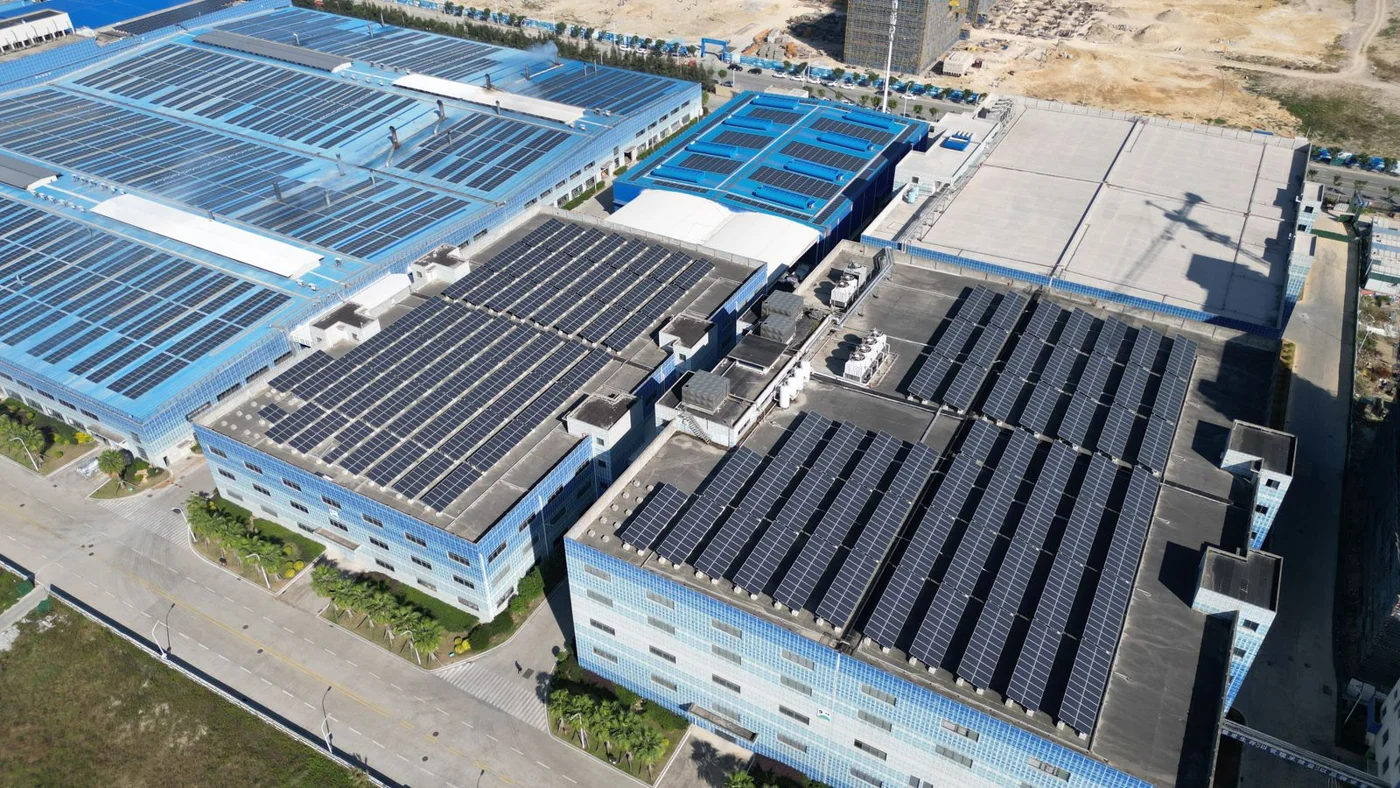 Solar panels across building rooftops